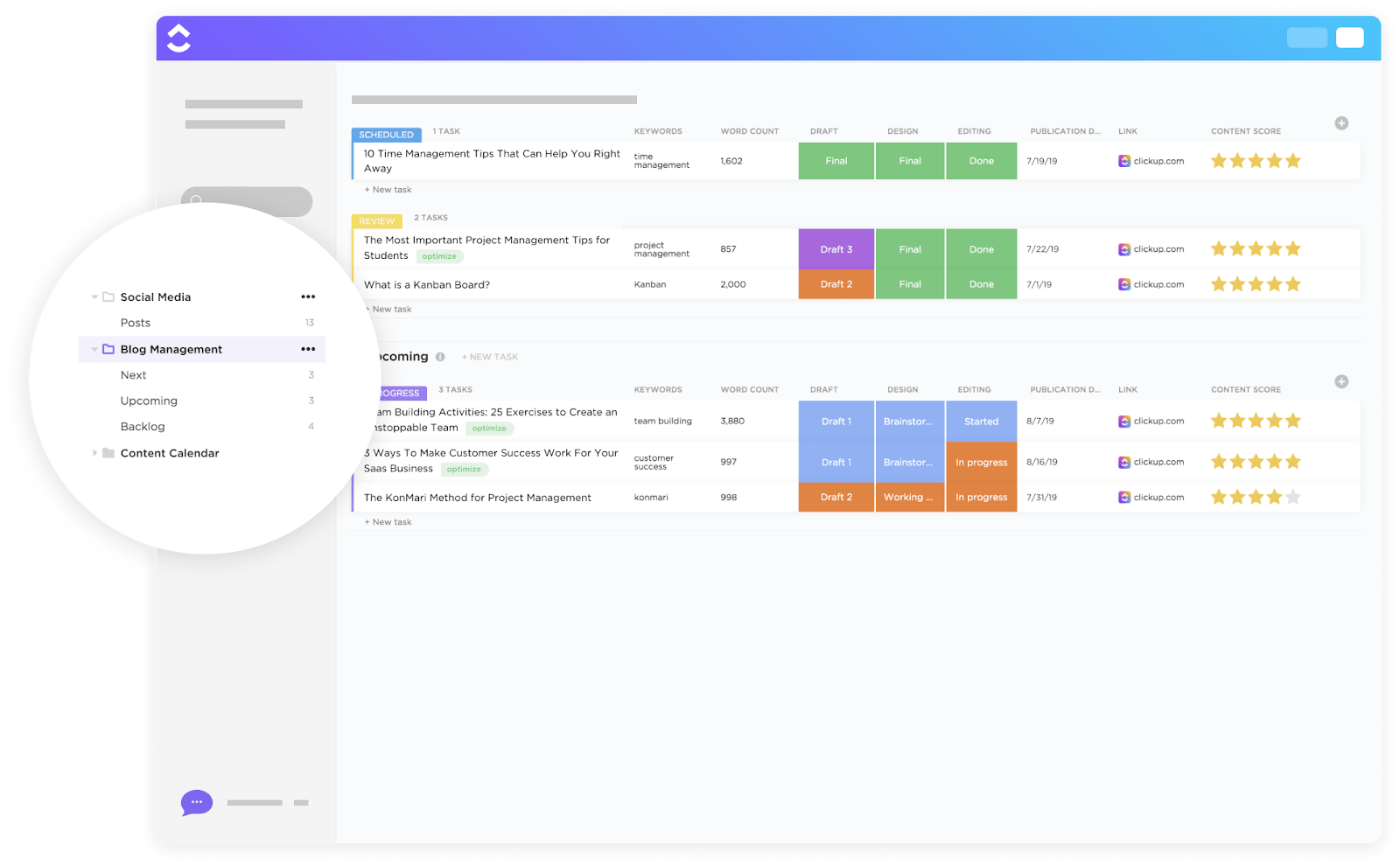 Track blog status, timelines, and team roles with the ClickUp Blog Management Workflow Template