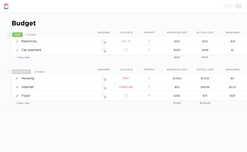 ClickUp Personal Budget Template
