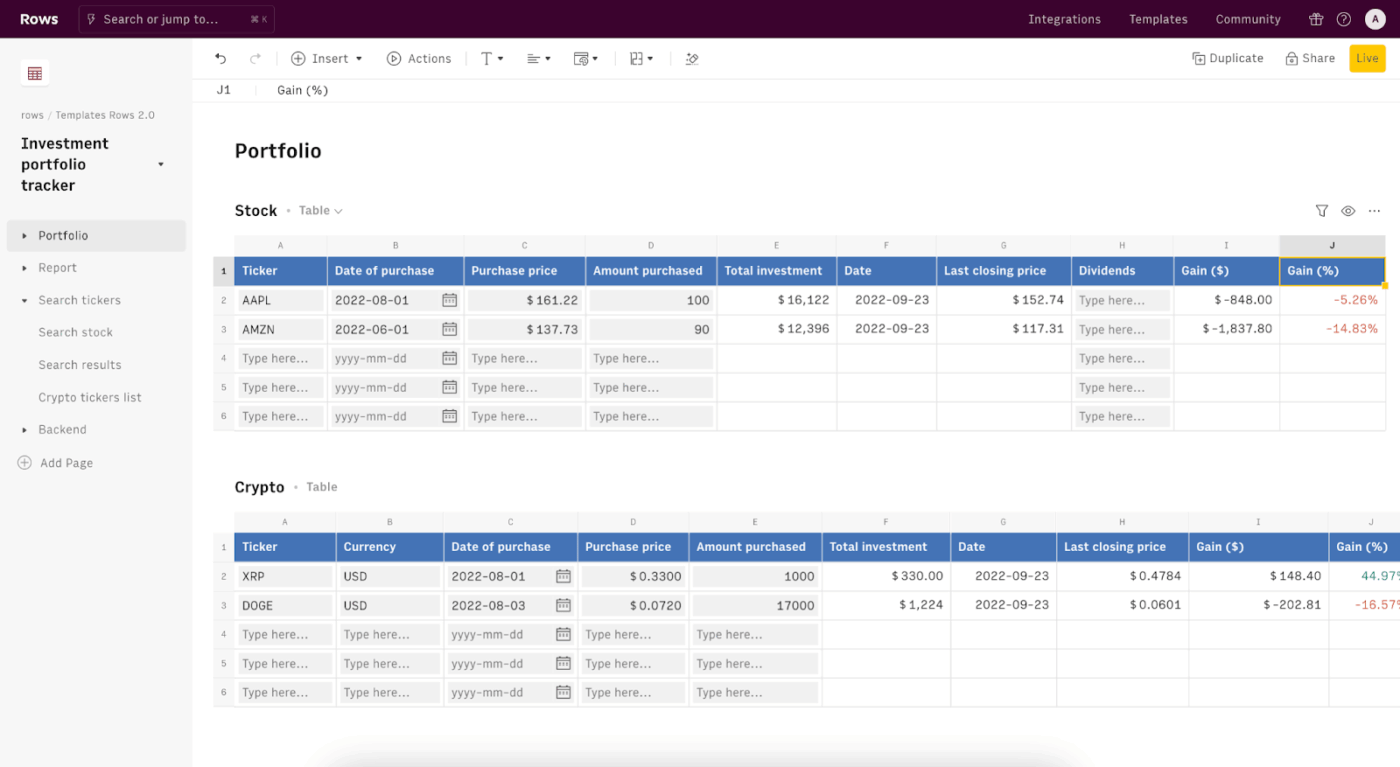 Spreadsheet Investment Portfolio Tracker Template