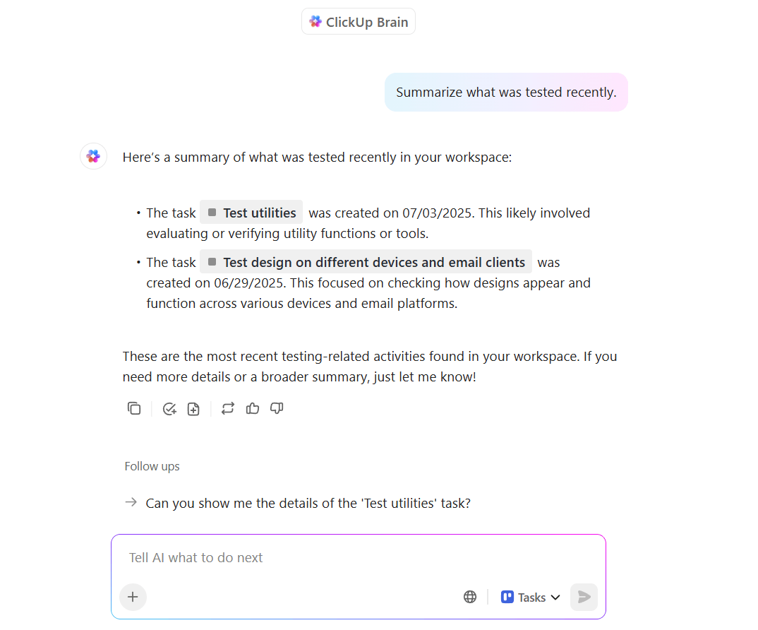 Ottieni una copertura di test completa e un'analisi dei valori limite con l'IA in ClickUp.