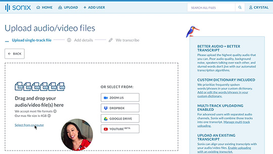 Sonix: Transcribe video files into text data for global teams
