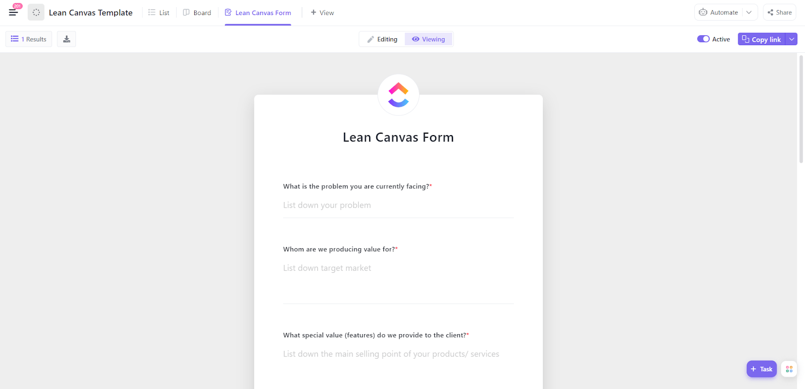 ClickUp Lean Canvas Template