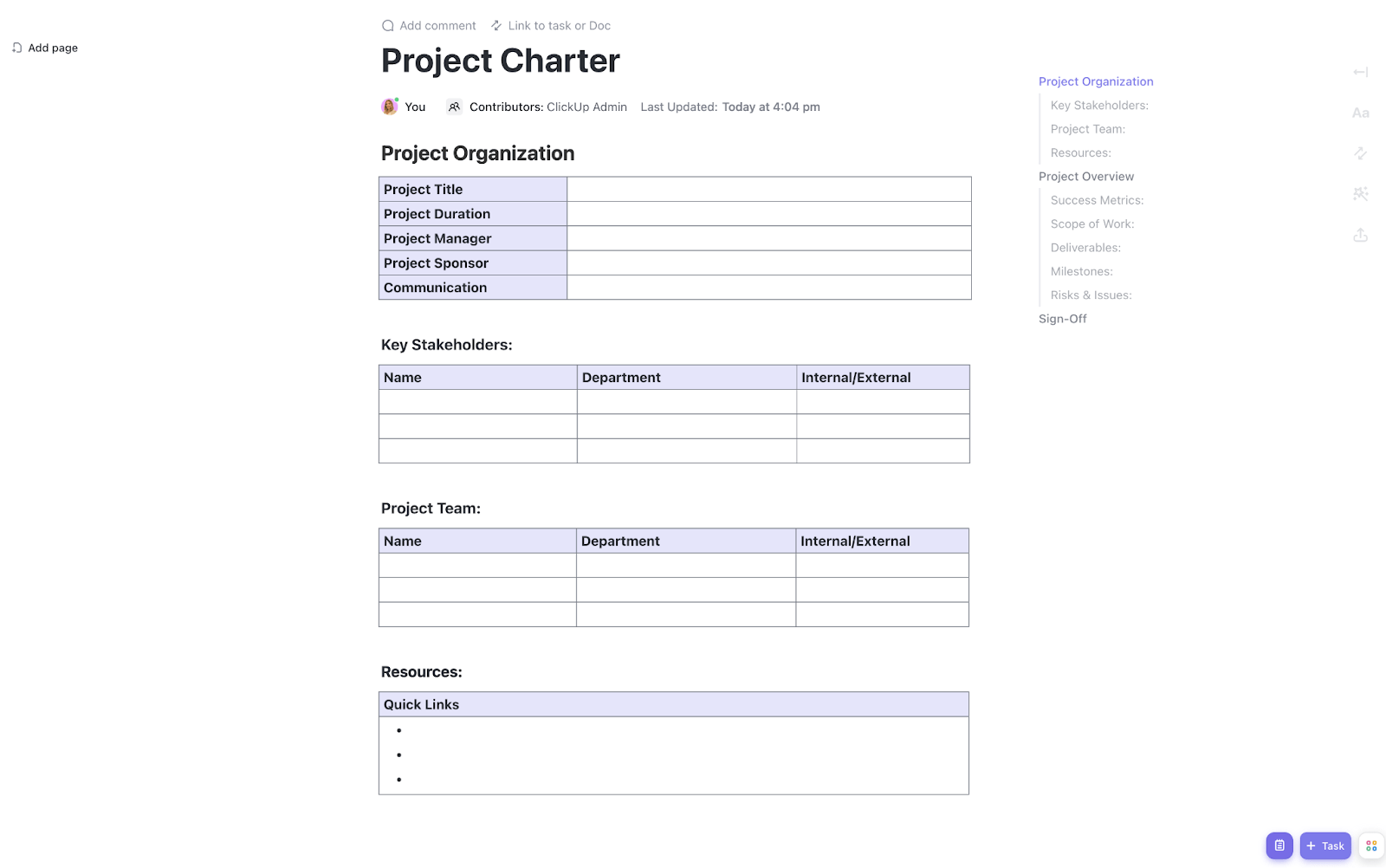 ClickUp Project Charter Doc Template