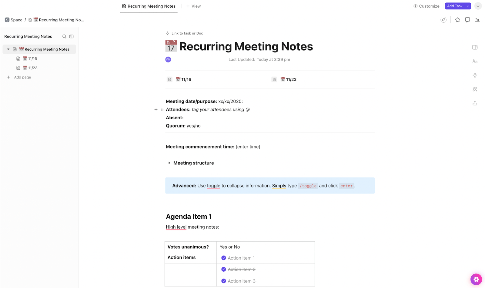 ClickUp Recurring Meeting Notes Template