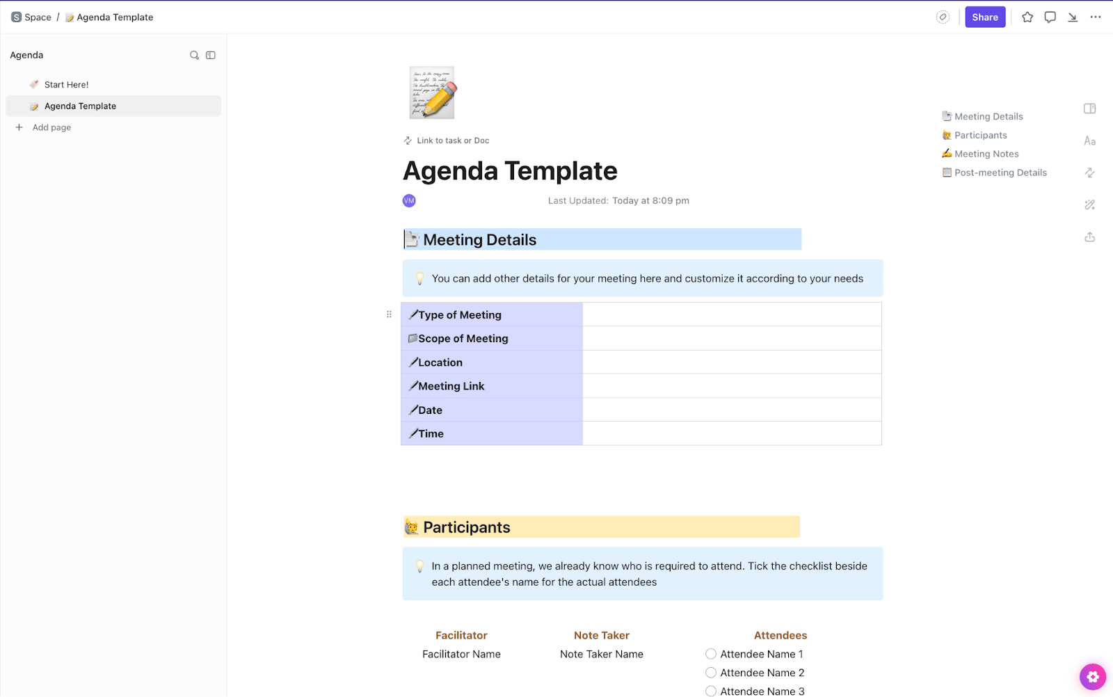 ClickUp Meeting Agenda Template