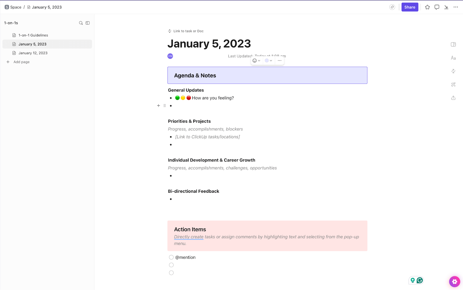 ClickUp 1:1 Meeting Template