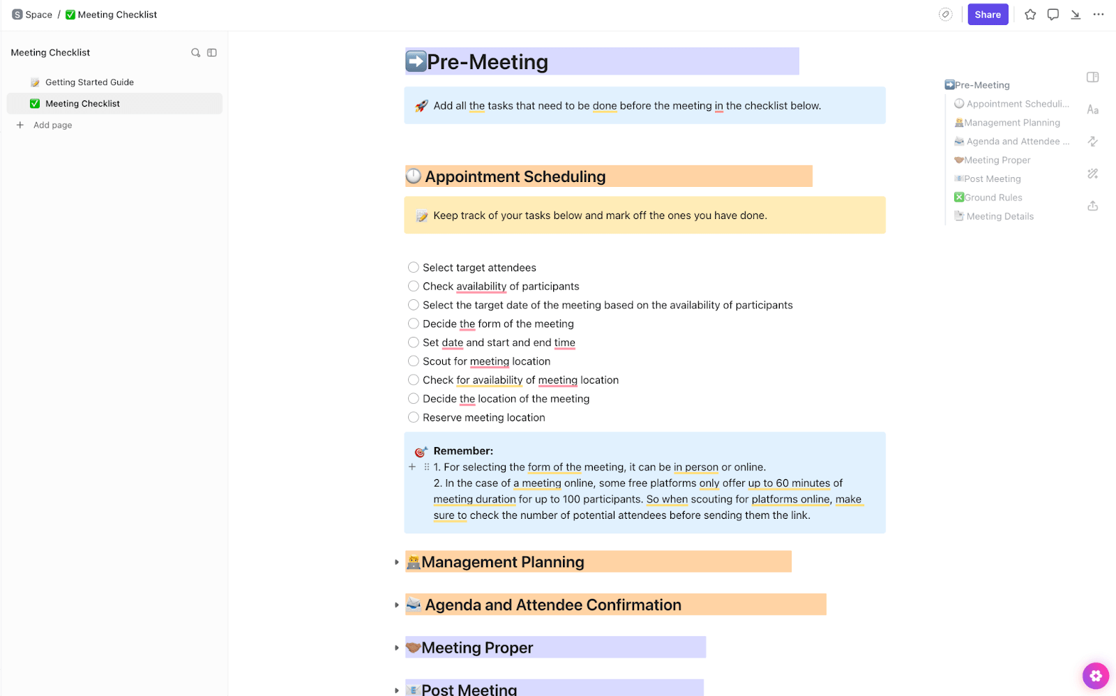 ClickUp Meeting Checklist Template