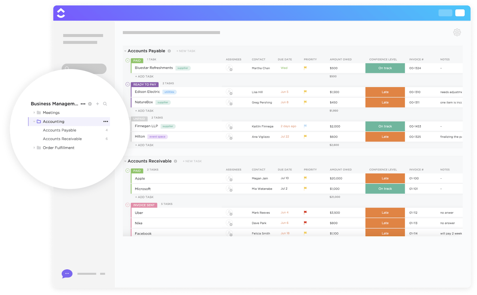 Track accounts receivable and accounts payable with the ClickUp Accounting Template