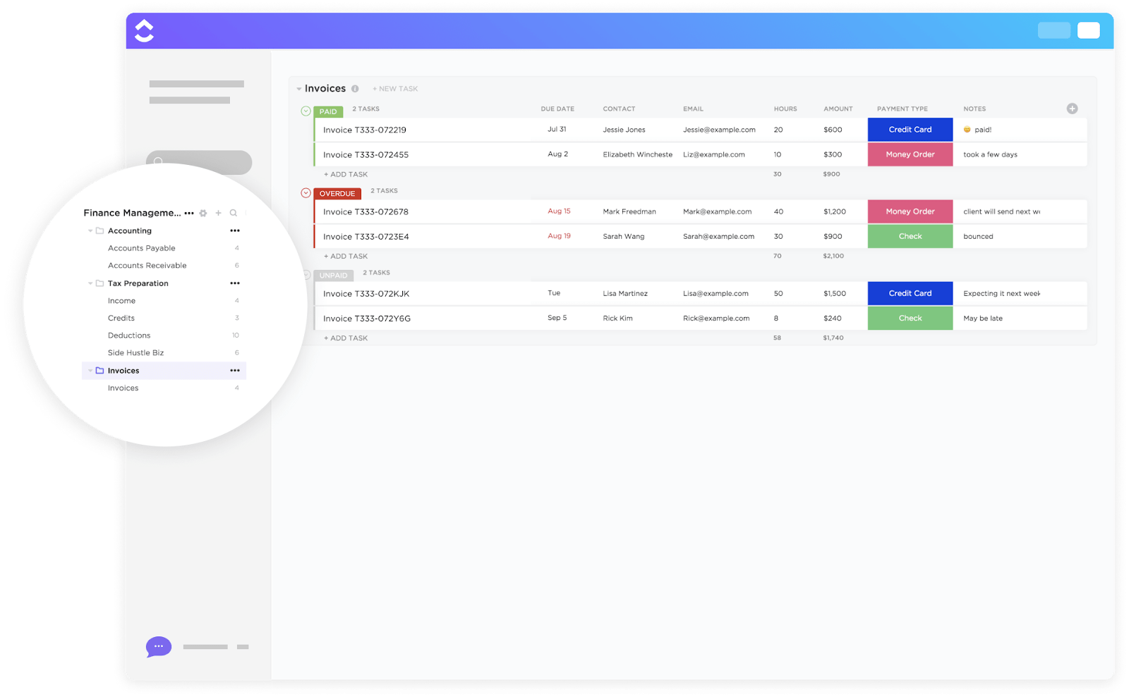 Create and send out invoices with one click by using the ClickUp Invoice Tracking Template