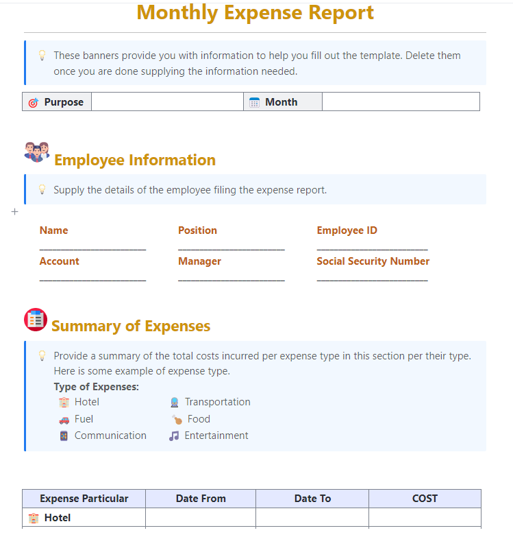 Understand how you spend your money every month with the ClickUp Monthly Expense Report Template