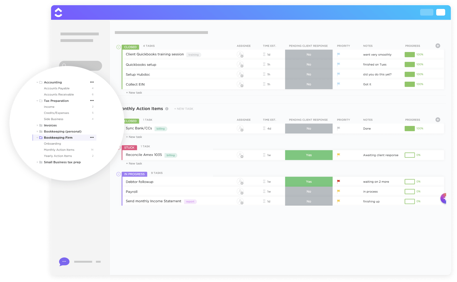 Equip your team with client-friendly tools by using the ClickUp Bookkeeping Firm Template