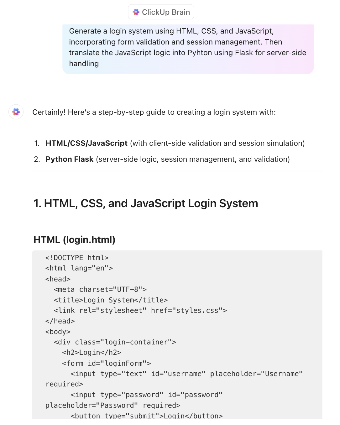 Generate code snippets, summarize project briefs, and translate code between languages with ClickUp Brain