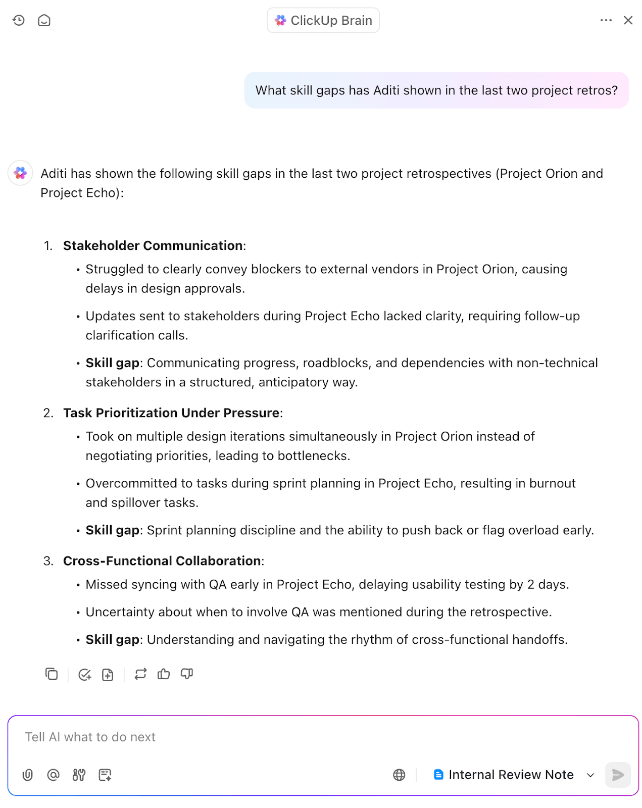 ClickUp Brain performance review feedback