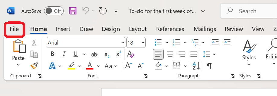 Click on File in Microsoft Word