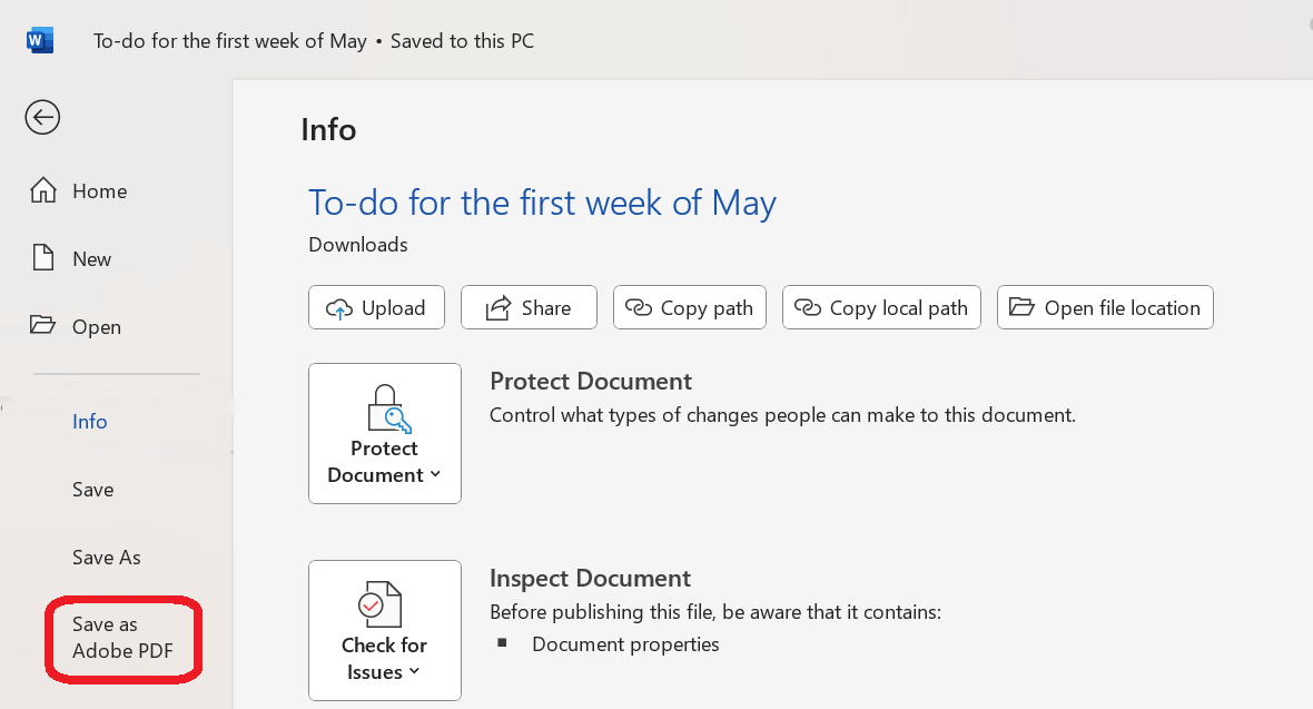 Save as Adobe PDF option in Microsoft Word