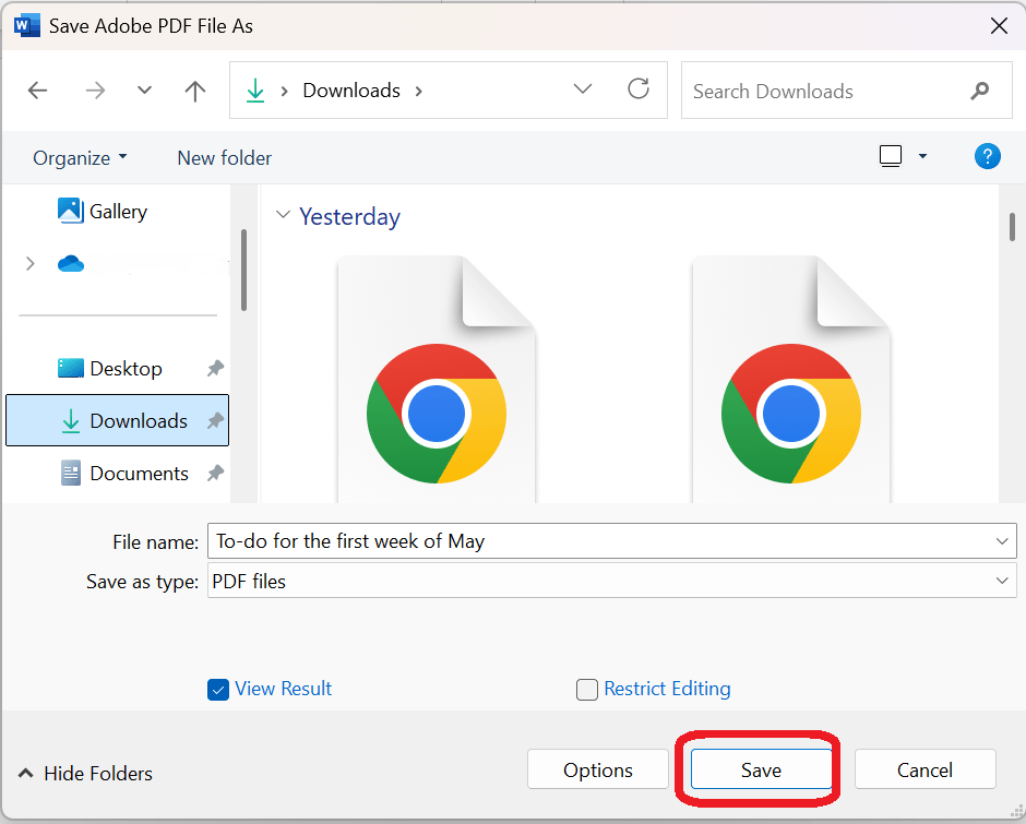 Choose the destination folder and tap Save