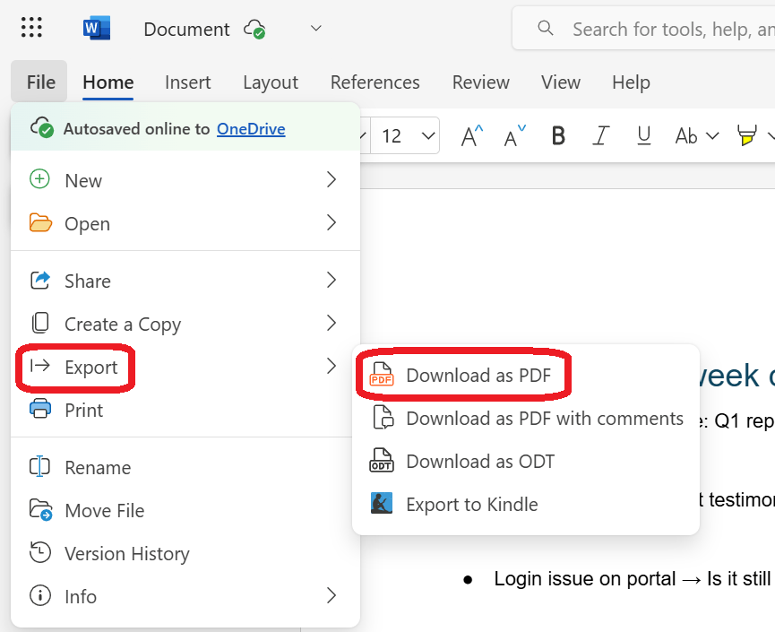 Export as PDF in Microsoft Word browser version