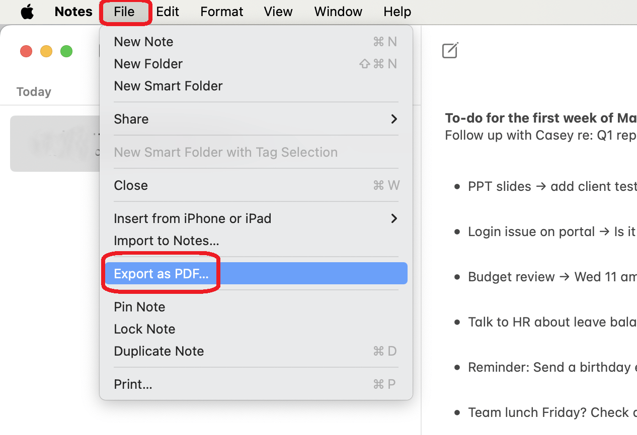 Apple Notes Export as PDF on Mac
