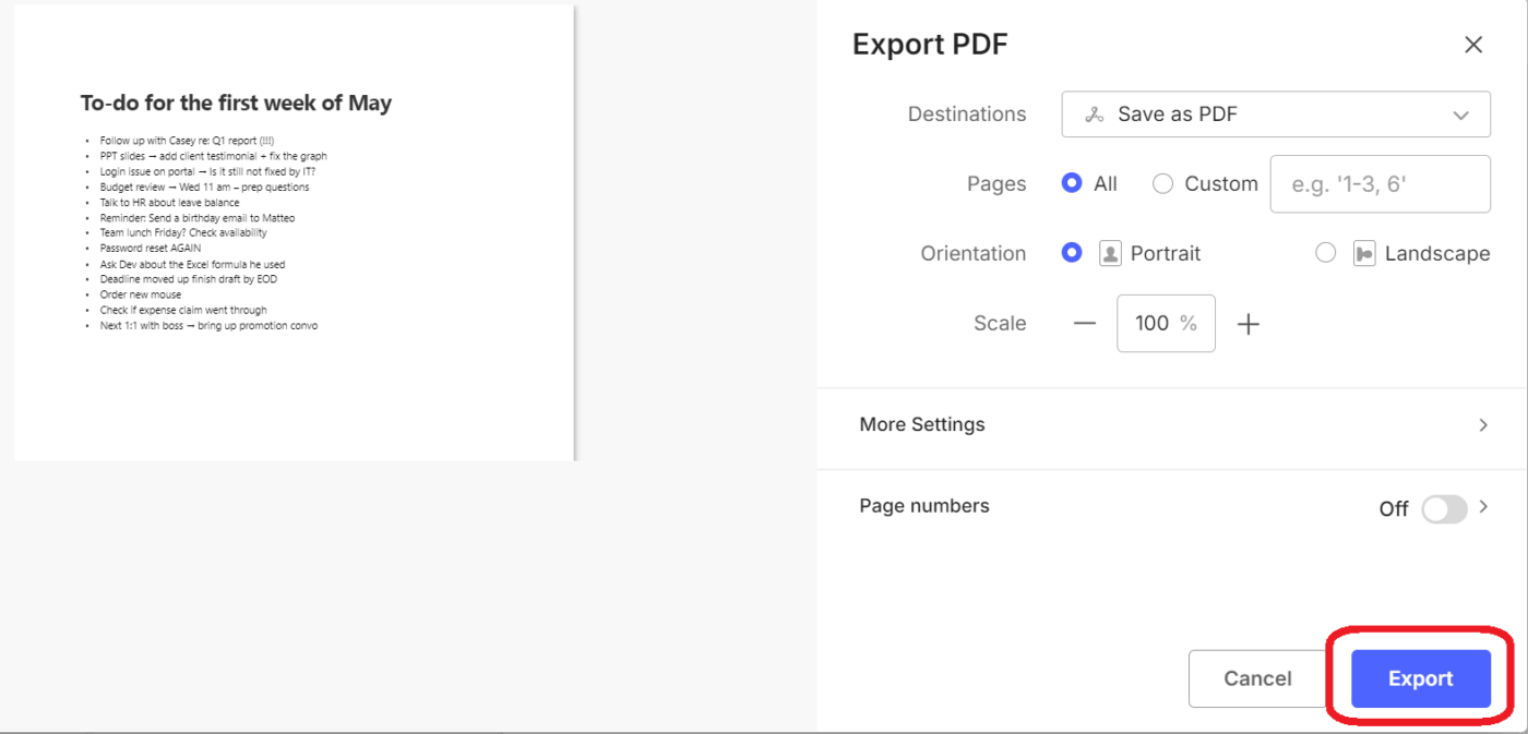 Evernote Export PDF dialog