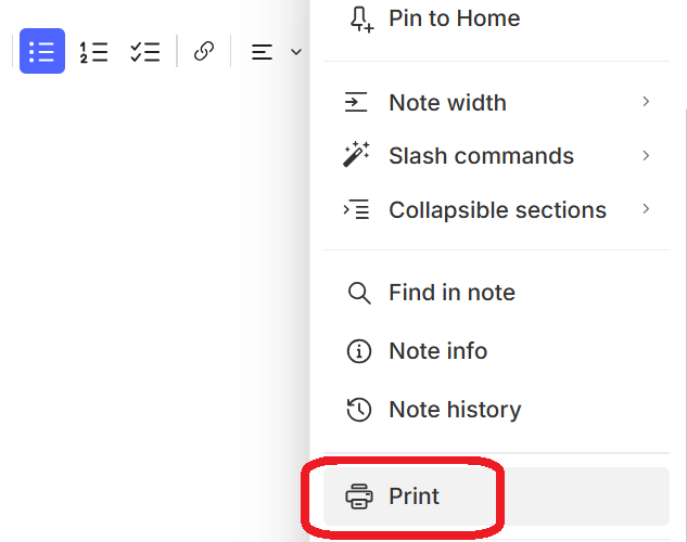 Evernote Print menu in browser