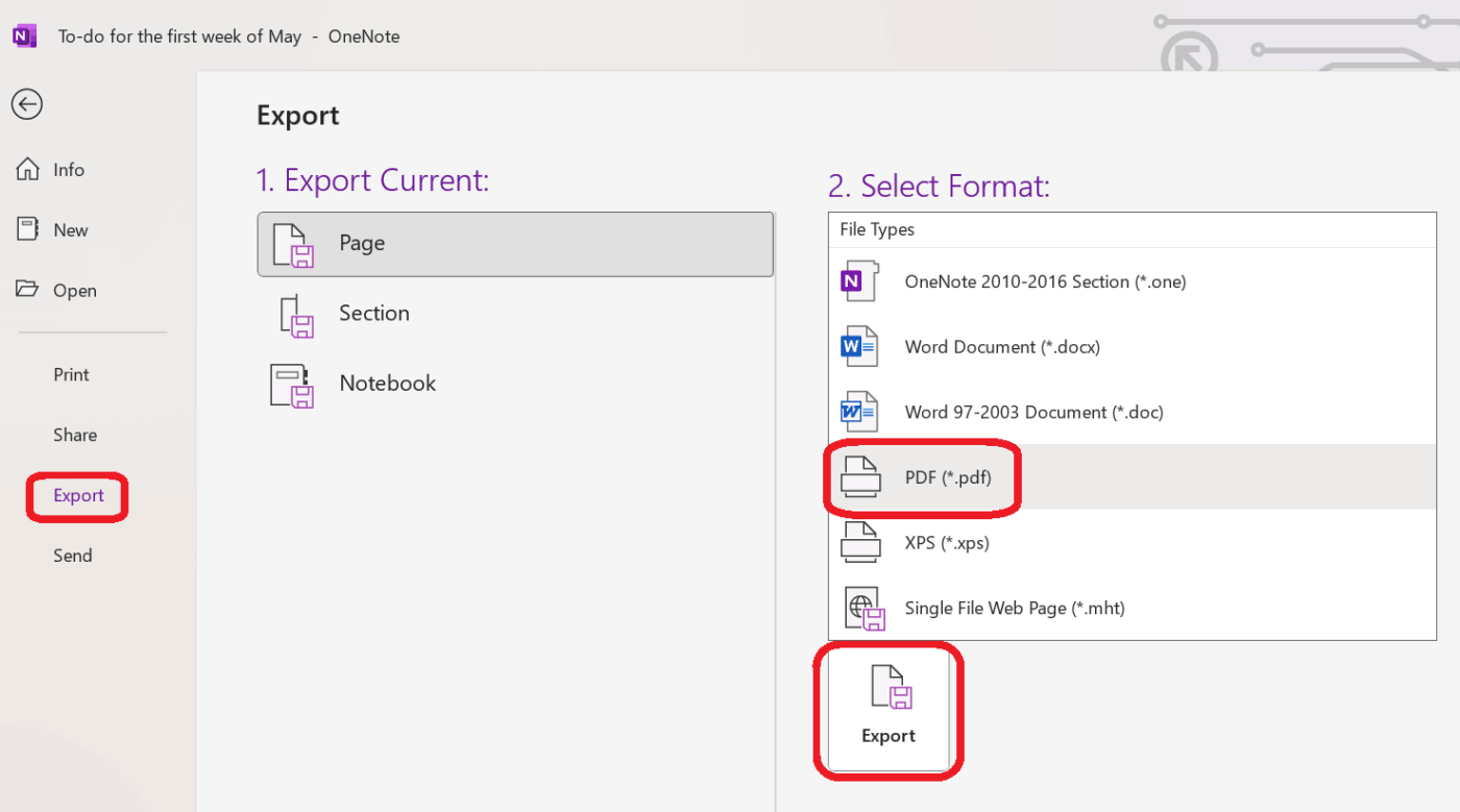 Export and pick PDF as the format > Click Export