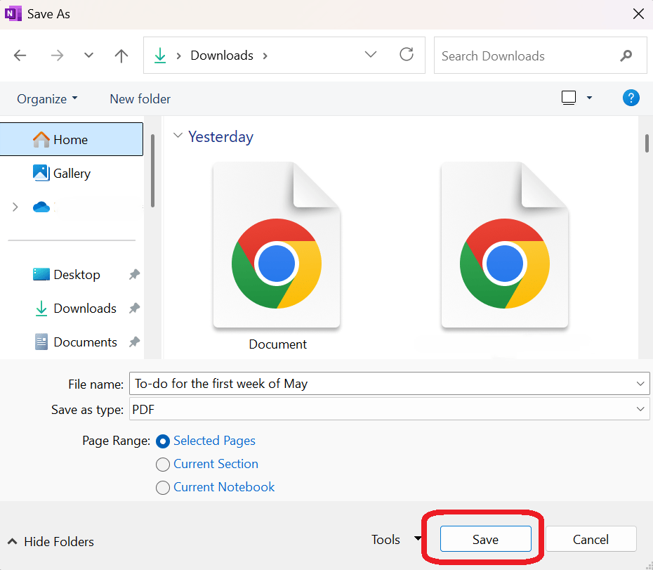 Microsoft OneNote Save PDF dialog
