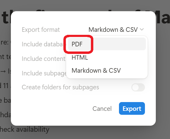 Notion Export as PDF option