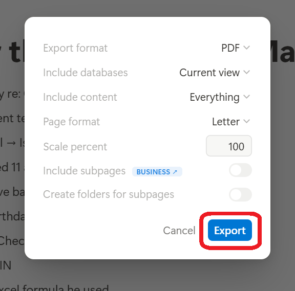 Notion PDF download dialog
