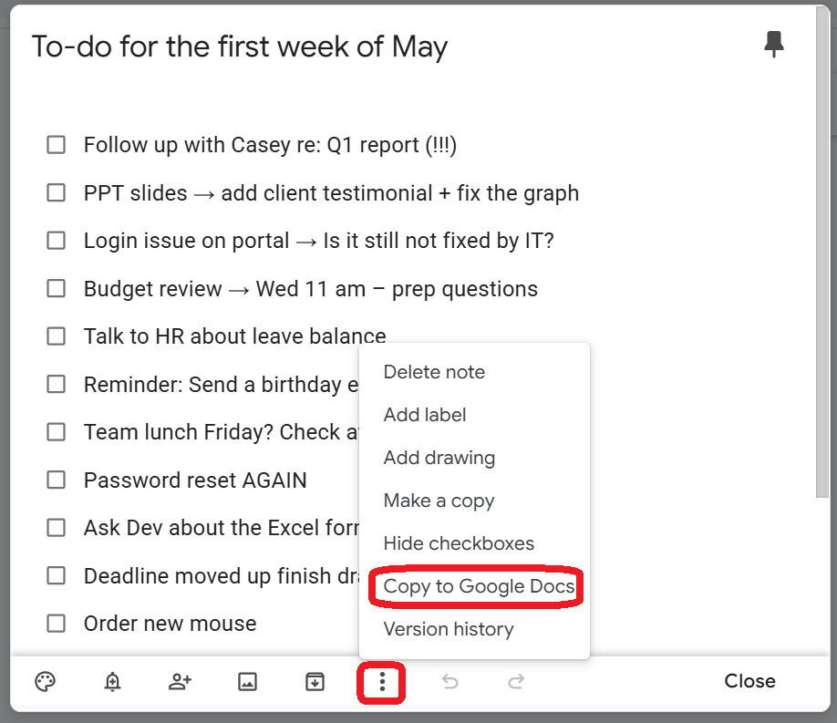 three-dot menu (⋯) > Copy to Google Keep