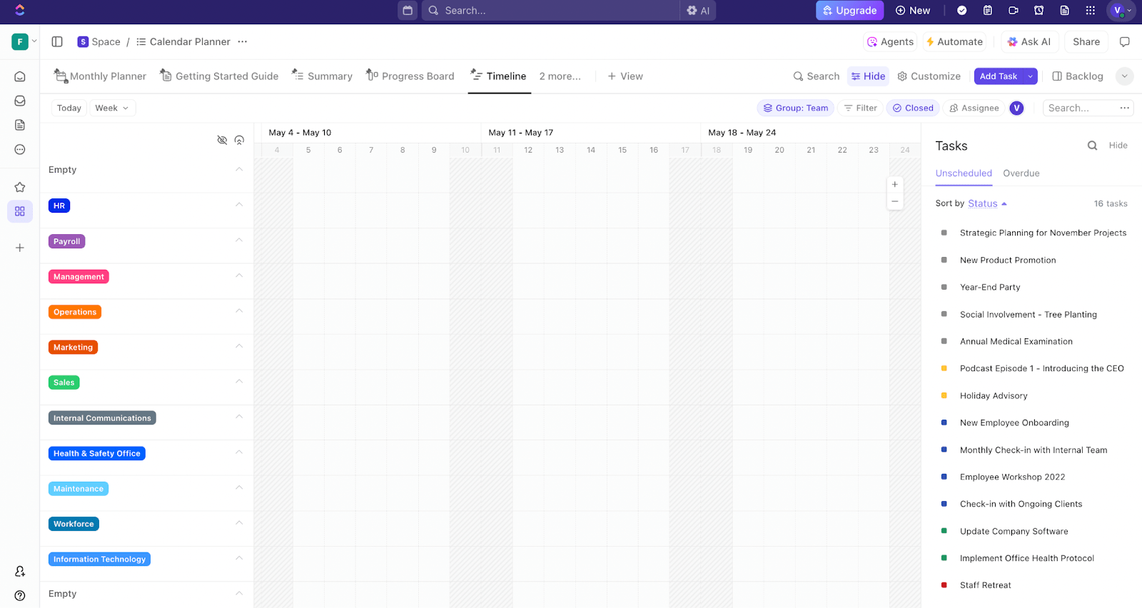 Organize team timelines, prevent scheduling conflicts, and close loop tasks on time with ClickUp’s Calendar Planner Template