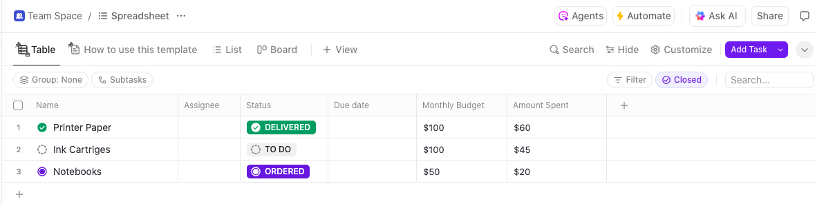 Leverage the ClickUp Spreadsheet Template to improve financial tracking