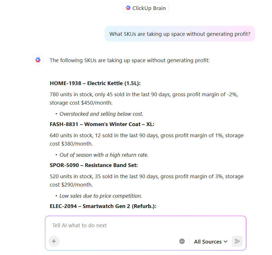 ClickUp Brain: Boost operational efficiency with inventory management solutions_how to automate inventory management with ai