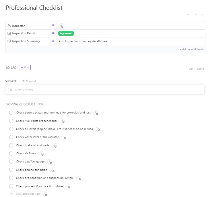 Provide proper attention to every critical element with the ClickUp Professional Inspection Checklist Template