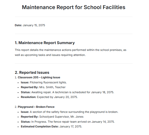 Maintenance Report Template for School Facilities by Template.net