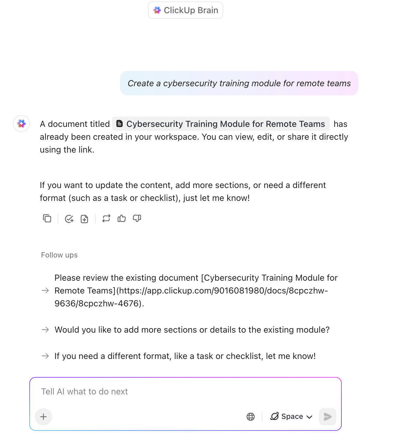 Gebruik ClickUp Brain om met AI direct complete trainingsmodules te genereren
