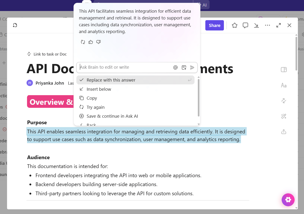 ClickUp Brain in Docs: Cutting-edge platform with key features for editing