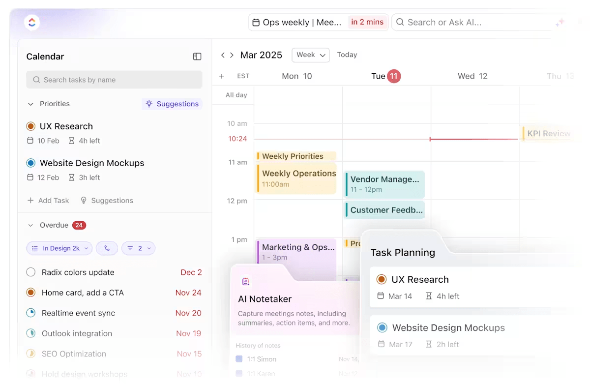 ClickUp Calendar: Dynamic calendar to visualize tasks, block time, and reschedule meetings with ease