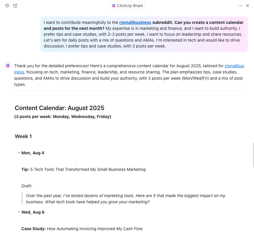 Erstellen Sie mit ClickUp Brain einen auf Reddit zugeschnittenen Kalender für Inhalte und Beiträge