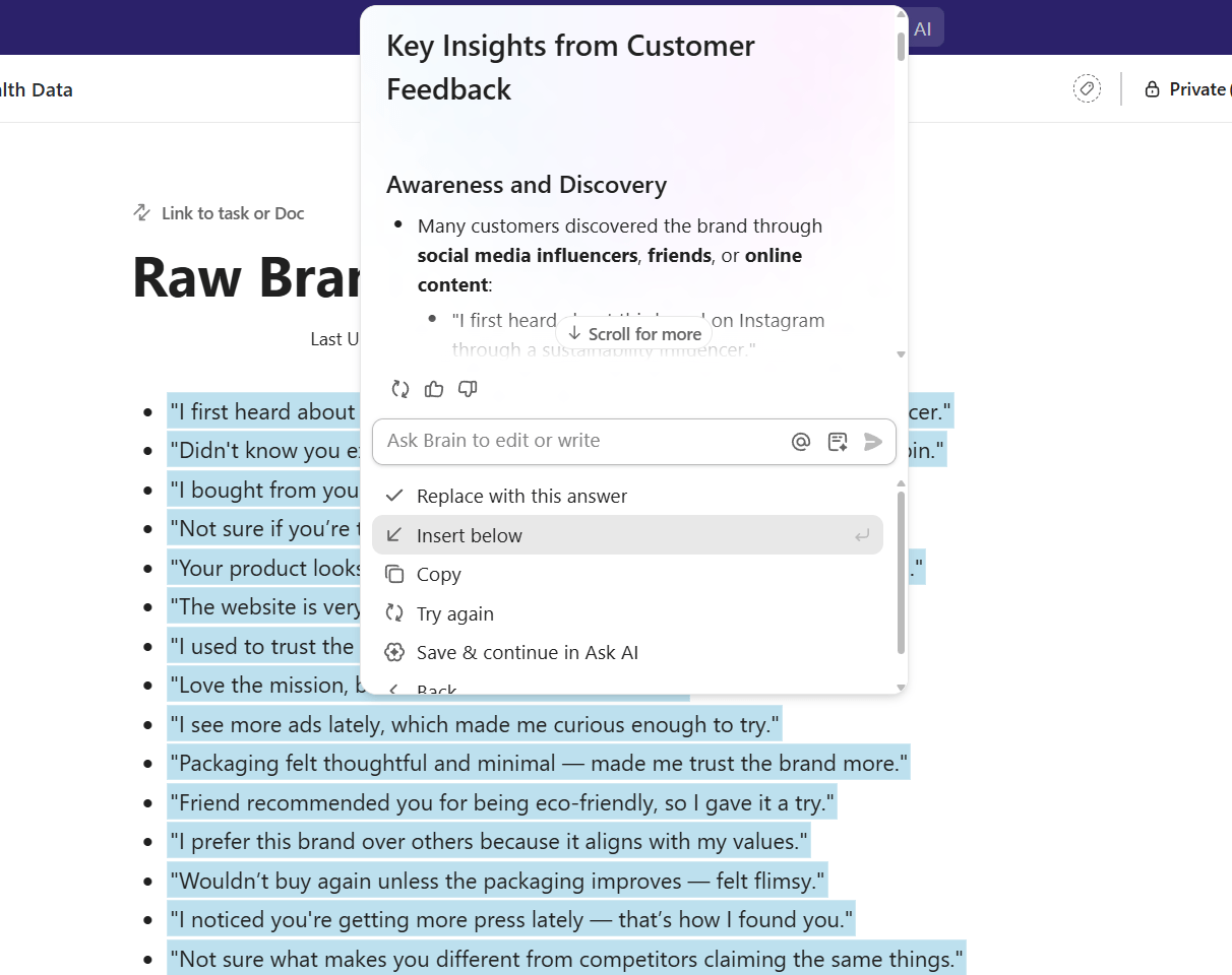 ClickUp Brain in Docs: Showcase brand value with reports for marketing leaders