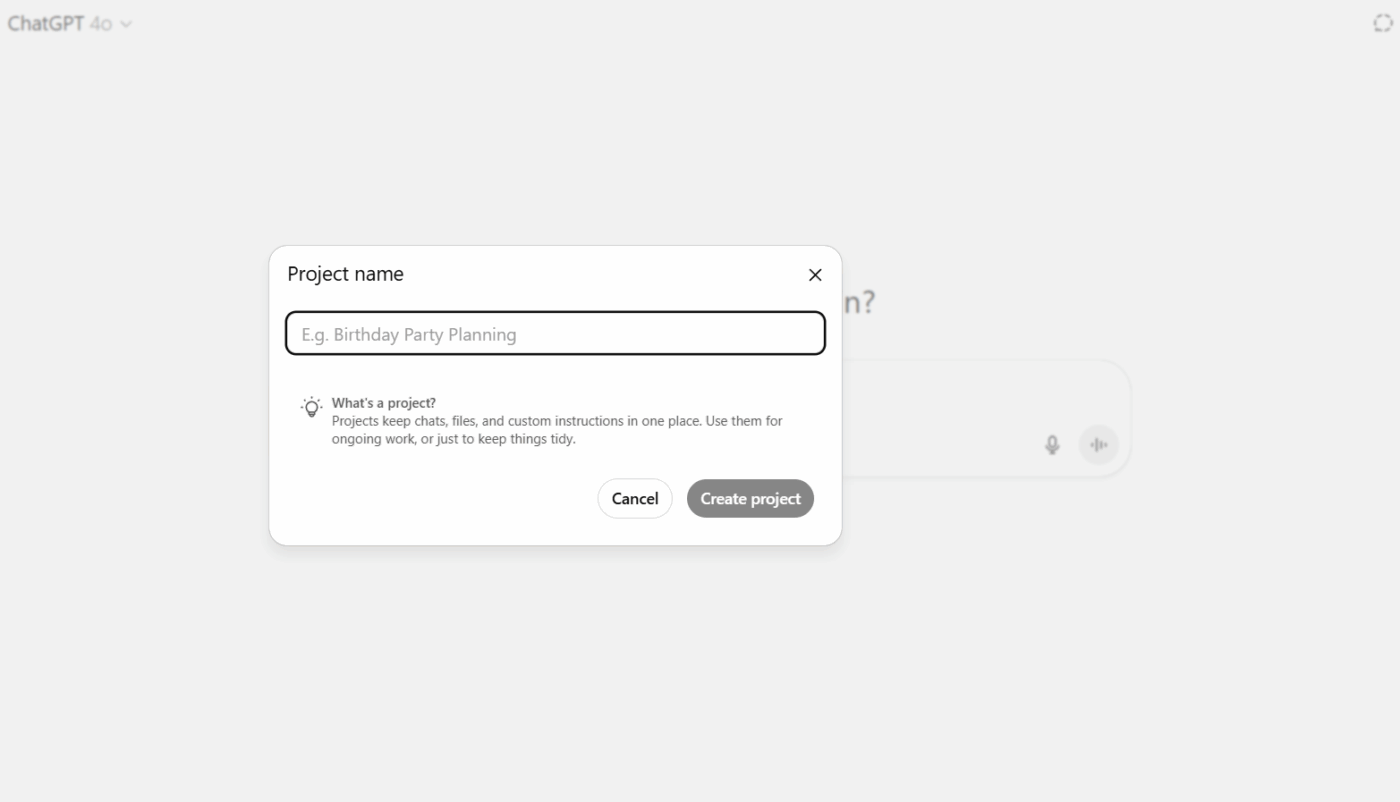 ChatGPT Project features: How to use: Add a project name in the chat's menu