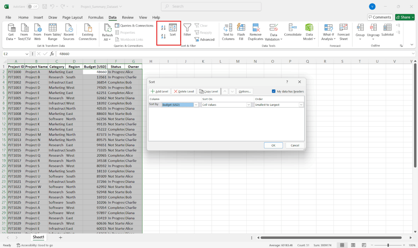 Sort your data source in the Microsoft Office software