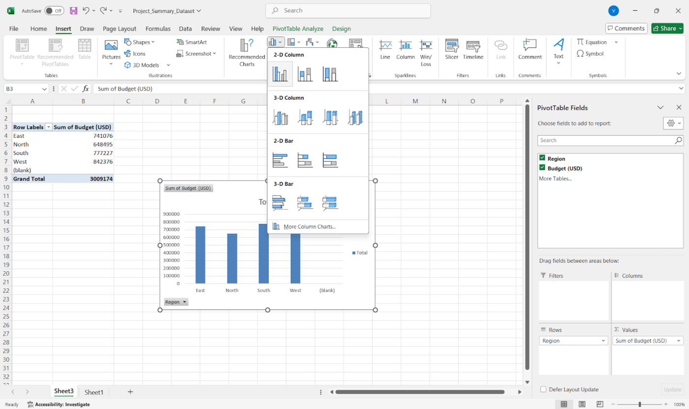 Scroll through PivotCharts: How to create a summary report in Excel
