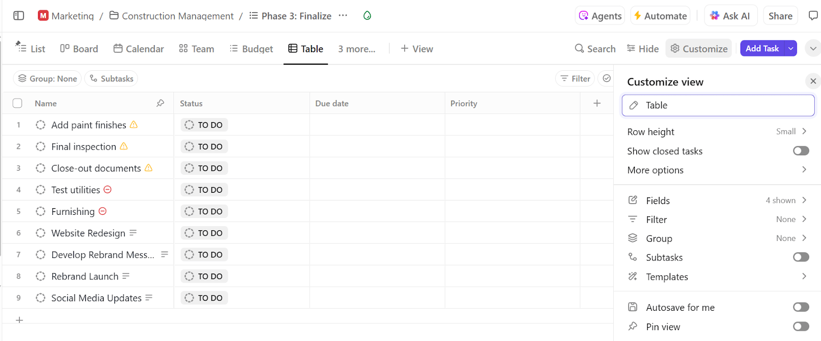 Organize your data in ClickUp Table View