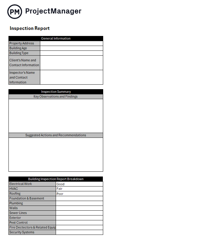 Excel Inspection Report Template by ProjectManager