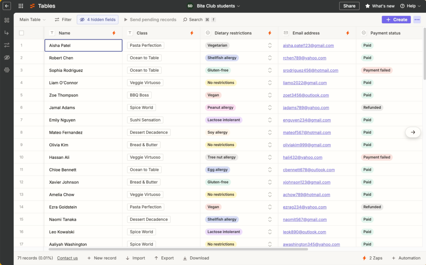Live automated tables on Zapier