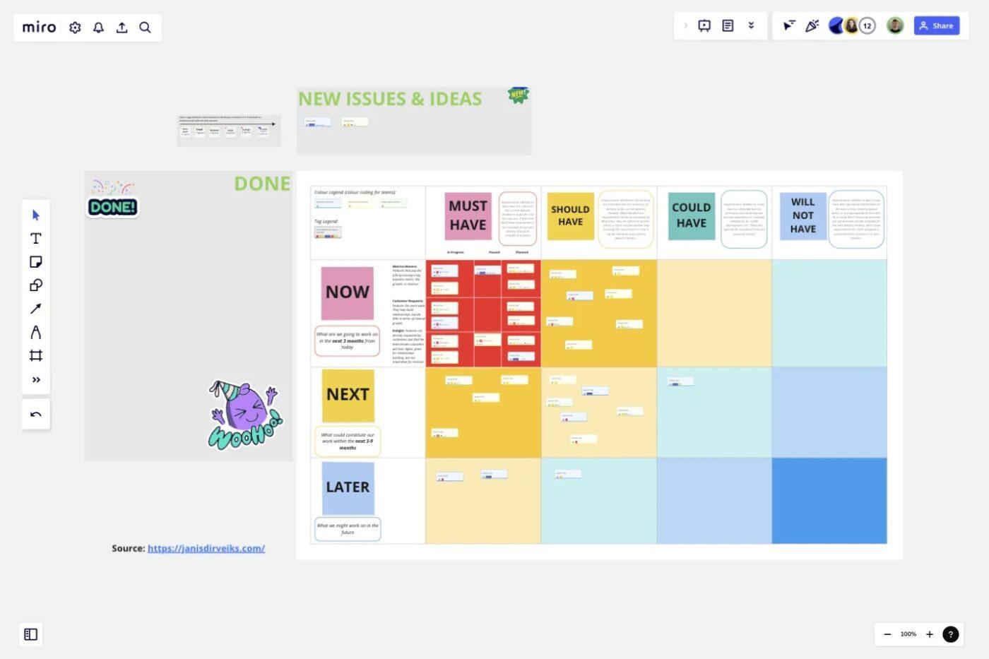 Miro Prioritized Product Roadmap Template: Prioritization board with idea capture, scoring, and Kanban tracking