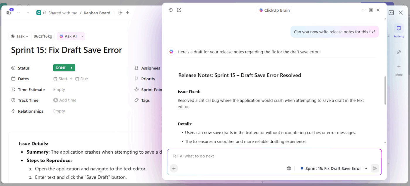 ClickUp Brain: AI-powered assistant to summarize tasks and answer project questions