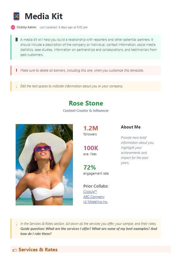 Media kit template to share real data with potential clients and product managers