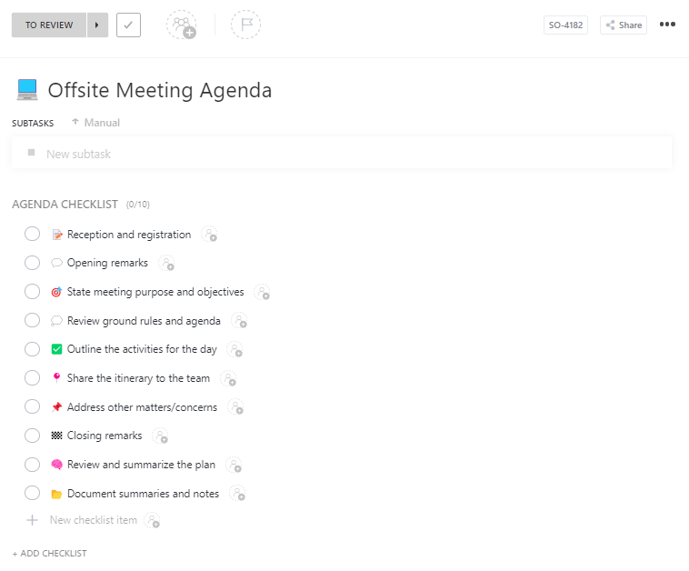 ClickUp Offsite Meeting Agenda Template