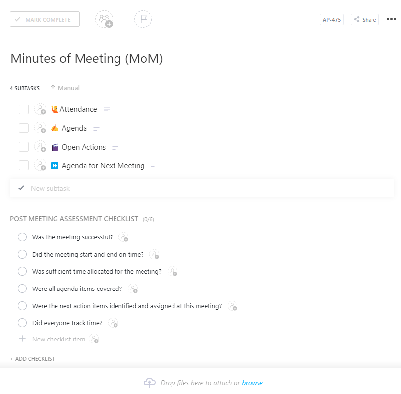 ClickUp Minutes of the Meeting MOM Template